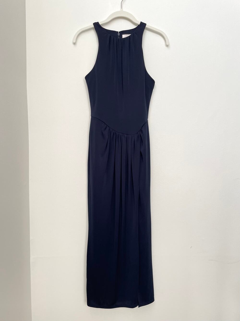 Cinq a Sept Lezlie Side Slit Maxi Dress Size 4 Navy Blue Draped Stretch Jersey